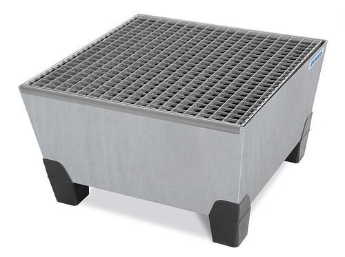 DENIOS Auffangwanne pro-line für 1 Fass, Stahl verzinkt, Füße, mit Giro, B 880 mm, 259344