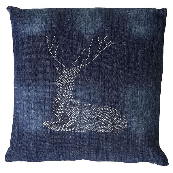 Mendler Deko-Kissen Hirsch, Sofakissen Zierkissen mit Füllung, blau Glitzersteine 45x45cm, 51882
