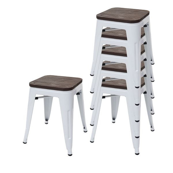 Mendler 6er-Set Hocker HWC-A73 inkl. Holz-Sitzfläche, Metallhocker Sitzhocker, Metall Industriedesign stapelbar, weiß, 70398+70772