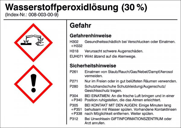 SafetyMarking Gefahrstoffetikett, G021: Wasserstoffperoxidlösung (30%), für Behälter bis 3 Liter, BxH 10,5x7,4 cm, Folie, selbstklebend, 21.B1200-G021