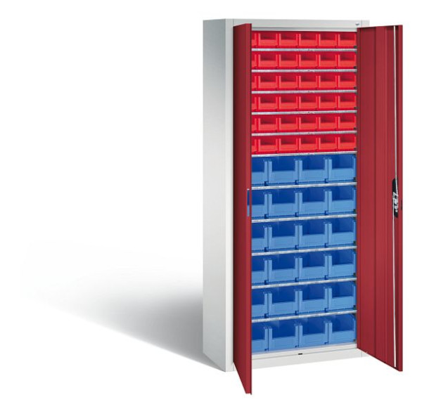 C+P Magazinschrank Serie 13, H1690xB700xT300mm, Farbe: Lichtgrau / Rubinrot, Muldengriff, 133413-23 S10029