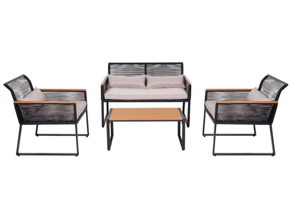 Mendler Garten-Garnitur HWC-K42, Gartenlounge Lounge-Set Sitzgruppe Sofa, Seilgeflecht Rope Holzoptik Stahl, Polster hellgrau, 98603