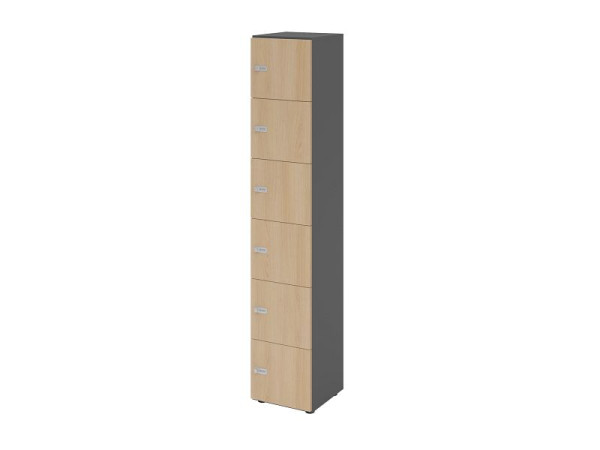 Hammerbacher Schließfachschrank schmal 6OH, 6 Türen, Korpus: Graphit, Türen: Eiche, 40 x 40 x 215,6 cm (BxTxH), Zahlenschloss, V264L6/G/E/ZS