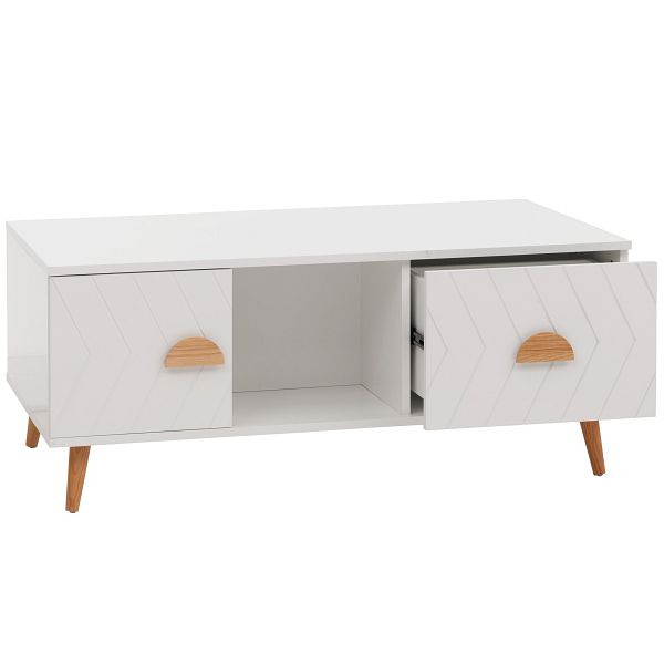 Mendler Couchtisch HWC-N89, Beistelltisch Sofatisch, Schubladen Türen Fächer Fischgrätenmuster Melamin Holz, 42x103x60cm, weiß, 109693