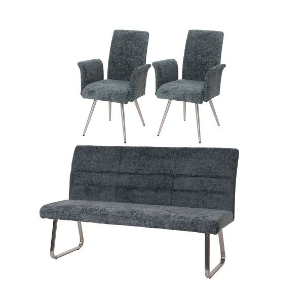 Mendler Esszimmer-Set HWC-G55, 2er-Set Stuhl mit Armlehne+Sitzbank 180cm, Edelstahl gebürstet Stoff/Textil Chenille, blau-grün, 108225+108226+108227