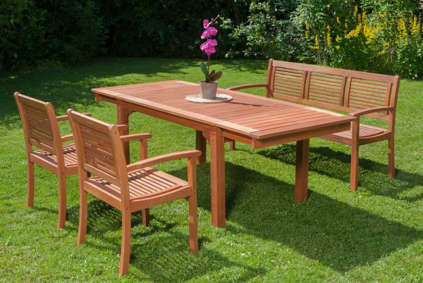 Merxx Cordoba Set 4-teilig, 2 Cordoba Sessel, 1 Cordoba Bank, 3-sitzig, 1 Seitenausziehtisch, 150(185/220) x 90 cm, FSC Eukalyptusholz, 50058-011