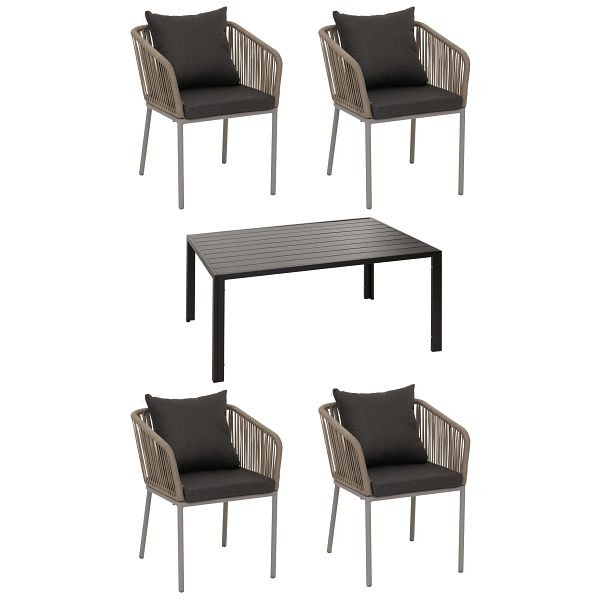 Mendler Gartengarnitur HWC-N41, Tisch+4xStuhl, wetterfest Alu 140x80cm, Seilgeflecht Rope, grau, Kissen dunkelgrau, 106601+2x110337