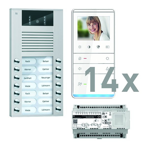 TCS Türkontrollsystem video:pack AP für 14 Wohneinheiten, mit Außenstation AVE 14 Klingeltasten, 14x Video Freisprecher IVW5111, Steuerung, PVE16140-0010