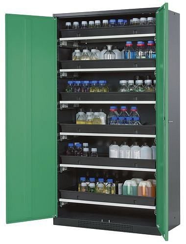 asecos Chemikalienschrank Systema-T CS-106, Korpus anthrazit, Flügeltüren grün, 6 Tablarauszüge, 209090