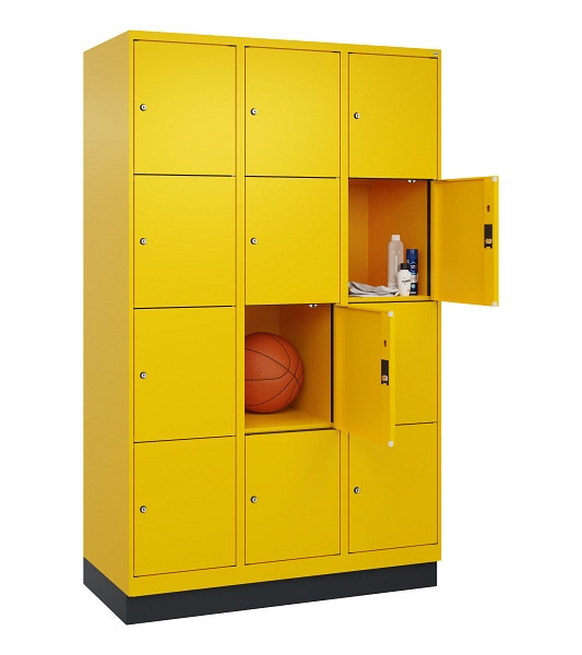 C+P Schließfachschrank Evolo PLUS, mit Sockel, 12 Fächer, 1950x1200x500mm, 1023/1023 Verkehrsgelb, Abteile 3, Abteilbreite 400 mm, 049020-324 S10022