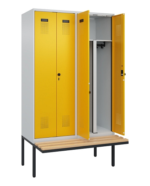 C+P PSA Doppel-Spind Evolo PLUS, Bank, 4 Abteile, 2120x1200x815mm, 7035/1004, Drehriegel, Sitzfläche Holz, 0490427-40P S10000