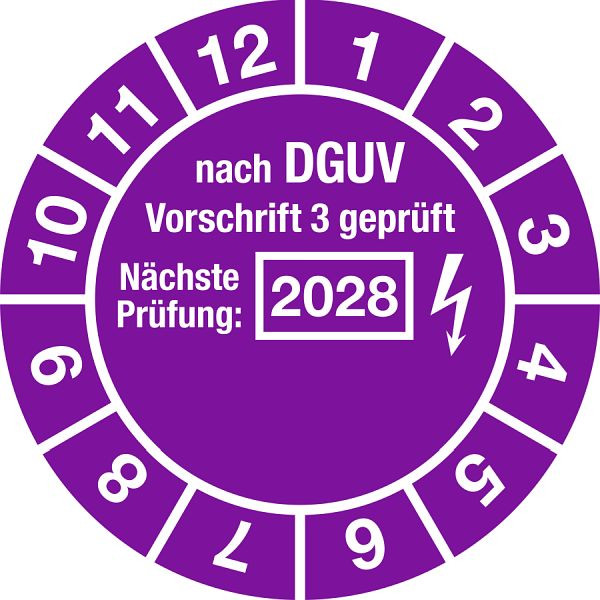 Moedel Prüfplakette nach DGUV, Nächste Prüfung, 2028, Folie, Ø 30 mm, VE: 10 Stück/Bogen, 107045
