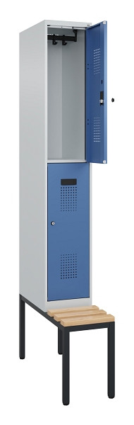 C+P Doppelstock-Spind Evolo PLUS, Bank, 2 Fächer, 2120x300x815mm, 7035/5023, Zylinderschloss, Sitzfläche Buche-Hartholz, Sitzbank, 0493507-10 S10035