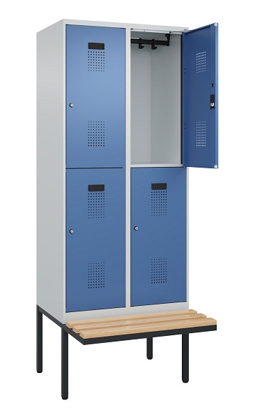 C+P Doppelstock-Spind Evolo PLUS, Bank, 4 Fächer, 2120x800x815mm, 7035/5023, Zylinderschloss, Sitzfläche Buche-Hartholz, 0493407-22 S10035