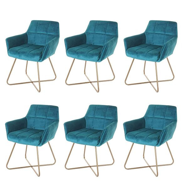 Mendler 6er-Set Esszimmerstuhl HWC-F37, Stuhl Küchenstuhl, Retro Design Samt goldene Füße, petrol, 6x69529