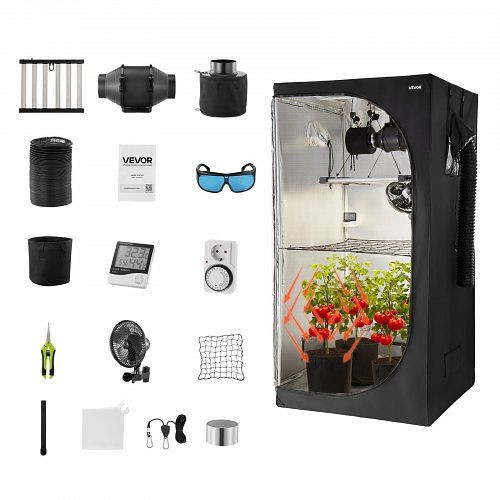VEVOR Growzelt-Set 100x100x200 cm mit LED-Zuchtlicht & Belüftung, 600D Mylar Pflanzenzelt für Blumen & Gemüse, ZPTZ10010020TFH2Z001V2