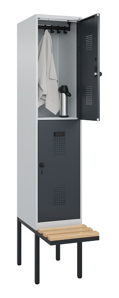 C+P Doppelstock-Spind Evolo PLUS, Bank, 2 Fächer, 2120x400x815mm, 7035/7016, Drehriegel, Sitzfläche Buche-Hartholz, 0493407-12 S10012