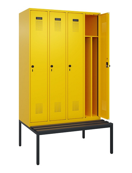 C+P Spind Evolo PLUS, 4 Abteile, 2120x1200x815mm, 1023/1023, Haken 4, Drehriegel, Sitzfläche Kunststoff, Sitzbank, 0490507-40F S10076