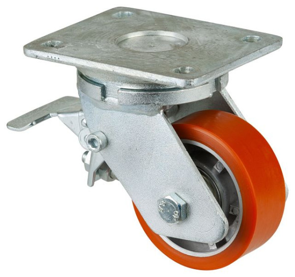 BS Rollen Schwerlastrolle mit Rad-/Feststeller, B30 mm, Ø100 mm, bis 200 kg, Fläche Guss-Polyurethan 95 Shore A, Aluminium, Kugellager, RR120.B90.101