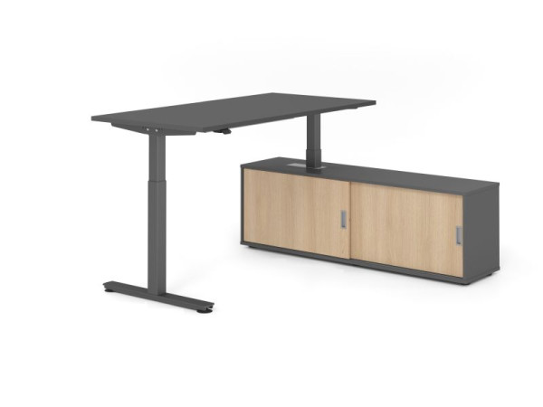 Hammerbacher Schreibtisch XMST16, 160x80cm, Platte: Graphit, T-Fuß Gestell Graphit, Höhe: 71 - 120 cm, Graphit / Eiche, VXMST16SB/G/G/G/E