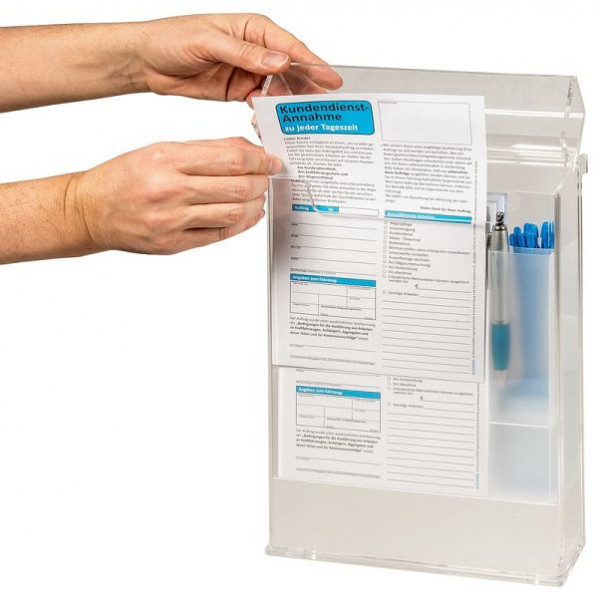 Eichner Prospektbox mit Deckel ca. DIN A4 hoch, inkl. 25 PP-Schlüsselanhänger blau und 50 Stück 24-Stunden Annahme-Tasche, 9201-00033