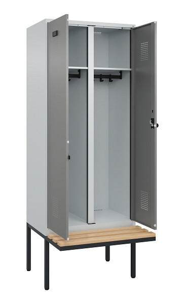 C+P Schwarz-Weiß-Spind Evolo PLUS, Bank, 2 Abteile, 2120x800x815mm, 7035/0004, Drehriegel, Sitzfläche Holz, 0490427-22 S10014