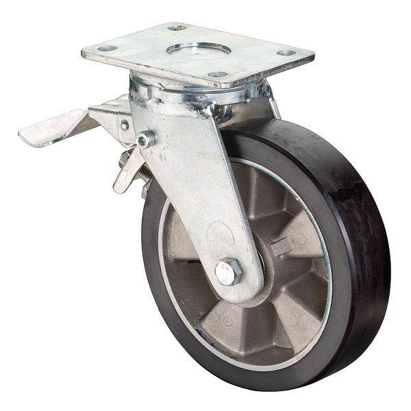 BS Rollen Schwerlastrolle mit Rad-/Feststeller, B40 mm, Ø100 mm, bis 150 kg, Fläche Guss-Polyurethan 78 Shore A, Aluminium, Kugellager, RR120.B91.100