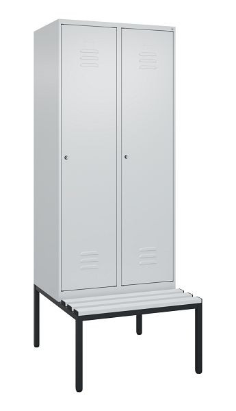 C+P Umkleidespind Classic PLUS, mit untergebauter Sitzbank, 2 Abteile, 2120x800x815mm, 7035/7035, Zylinderschlösser, 0800507-22 S10024