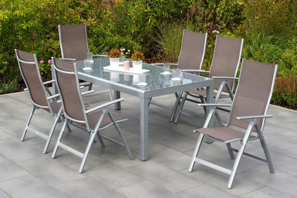 Merxx Carrara Set 7-teilig, 6 Klappsessel, Rückenlehne verstellbar, 1 Tisch, Halbrundprofil, 190 x 100 cm, Silber/taupe, 50694-325