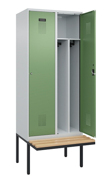 C+P Spind Evolo PLUS, 2 Abteile, 2120x800x815mm, 7035/6011, Haken 4, Zylinderschloss, Sitzfläche Holz, Trennwand, 0490407-22F S10037