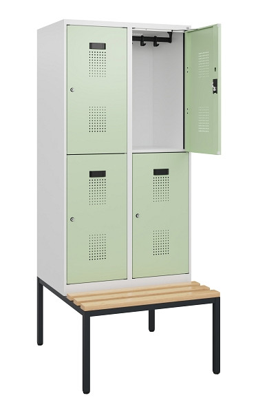 C+P Doppelstöckiger Spind Evolo PLUS, Bank, 4 Fächer, 1950x800x815mm, 9016/6019, Zylinderschloss, Sitzfläche Buche-Hartholz, Sitzbank, 0493505-22 S10050