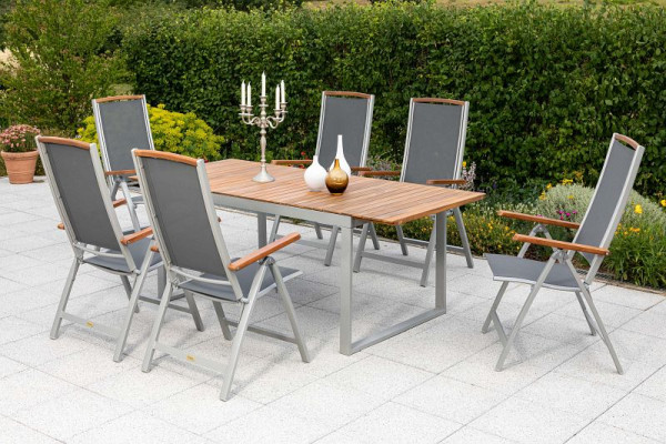 Merxx Siena Set 7-teilig, 6 Siena Klappsessel, 1 Ausziehtisch, 150 (200) x 90 cm, Tischplatte aus Akazienholz, 50239-219