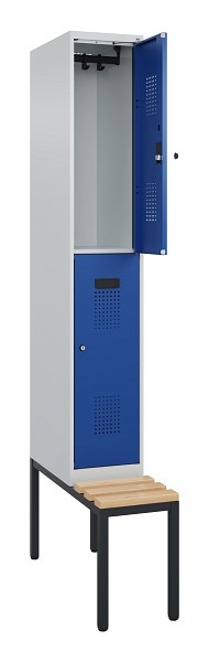 C+P Doppelstock-Spind Evolo PLUS, Bank, 2 Fächer, 2120x300x815mm, 7035/5010, Zylinderschloss, Sitzfläche Buche-Hartholz, Sitzbank, 0493507-10 S10033