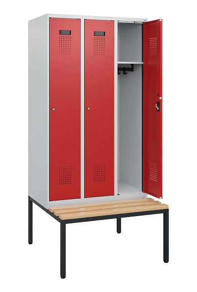 C+P Spind Evolo PLUS, 3 Abteile, 1950x900x815mm, 7035/3000, Zylinderschloss, Sitzfläche Buche-Hartholz, Sitzbank, 0490505-30 S10024