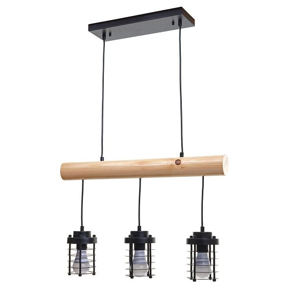 Mendler Pendelleuchte HWC-H83, Hängelampe Hängeleuchte, Industrial Vintage Massiv-Holz Metall schwarz, 3 Käfiglampenschirme, 74208