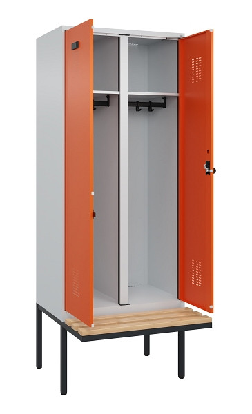 C+P Schwarz-Weiß-Spind Evolo PLUS, Bank, 2 Abteile, 2120x800x815mm, 7035/2004, Drehriegel, Sitzfläche Holz, 0490427-22 S10002