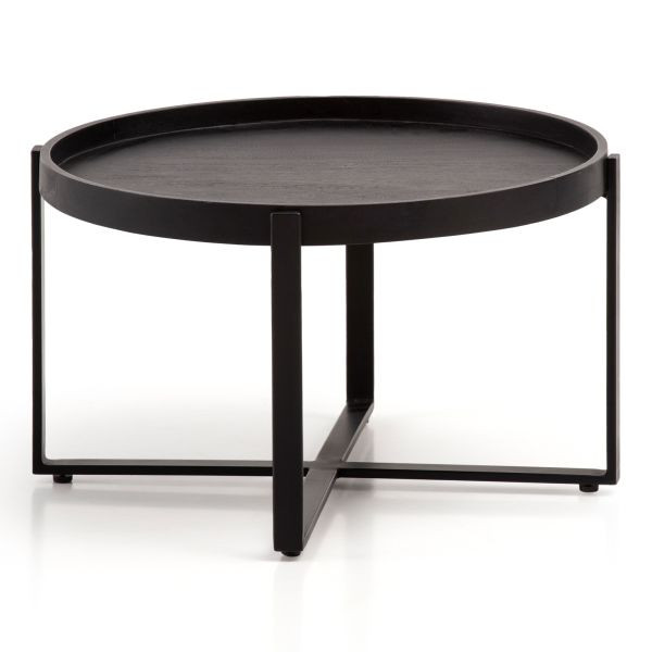 Wohnling Couchtisch 60x60x35 cm Mango Massivholz/Metall Schwarz Sofatisch Rund, Design Wohnzimmertisch mit erhöhtem Rand, WL6.803