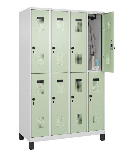 C+P Doppelstöckiger Spind Evolo PLUS, mit Füßen, 8 Fächer, 1950x1200x500mm, 901, Frontfarbe RAL 6019 Weissgrün, Drehriegel, 049310-40 S10019