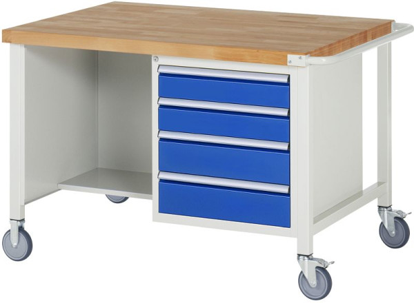 RAU Fahrbare Werkbank 8000- Modell 8463, B1250xT900xH880-1080mm, Doppel-Unterbau-Container, li: Fachboden, re: 2xH120, 2xH150mm, 05-8463A2-129B4H.11