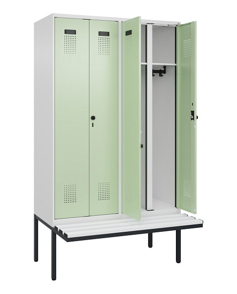 C+P Schwarz-Weiß-Spind Evolo PLUS, Bank, 4 Abteile, 2120x1200x815mm, 9016/6019, Drehriegel, Material Sitzfläche Kunststoff, 0490427-40 S10073