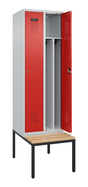 C+P Spind Evolo PLUS, 2 Abteile, 2120x600x815mm, 7035/3020, Zylinderschloss, Sitzfläche Buche-Hartholz, Sitzbank, 0490507-20F S10032