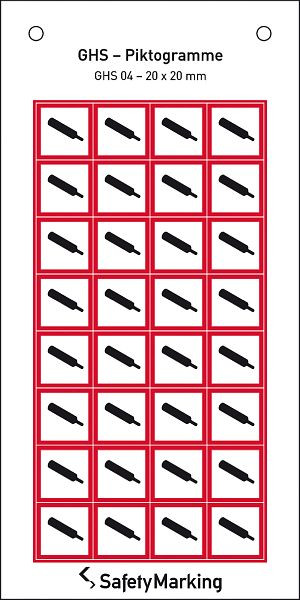 SafetyMarking GHS-Gefahrenpiktogramm, Symbol 04: Gasflasche, BxH 2x2 cm, Folie, selbstklebend, VE: 32 Stück/Bogen, 30.3550-04