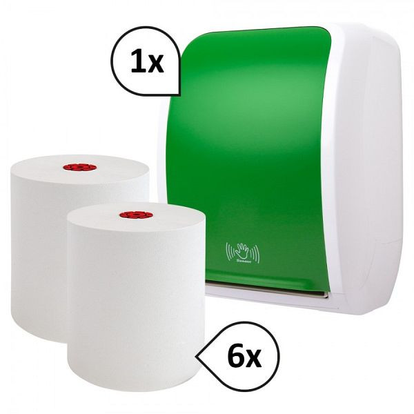 Blanc Hygienic SET: Handtuchrollenspender SENSOR, berührungslos, Blanc Cosmos + 6 Handtuchrollen PREMIUM TAD, Farbe: grün/weiß, PS-htz100-FS-4350WG