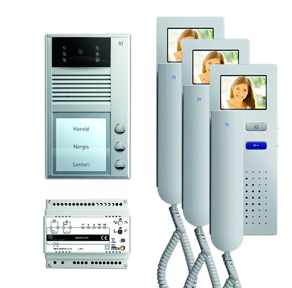 TCS Türkontrollsystem video:pack AP V2D für 3 Wohneinheiten, mit Außenstation AVC 3 Klingeltasten, 3x Video Türtelefon IVH4222, Versorgung, PVC2430-0010