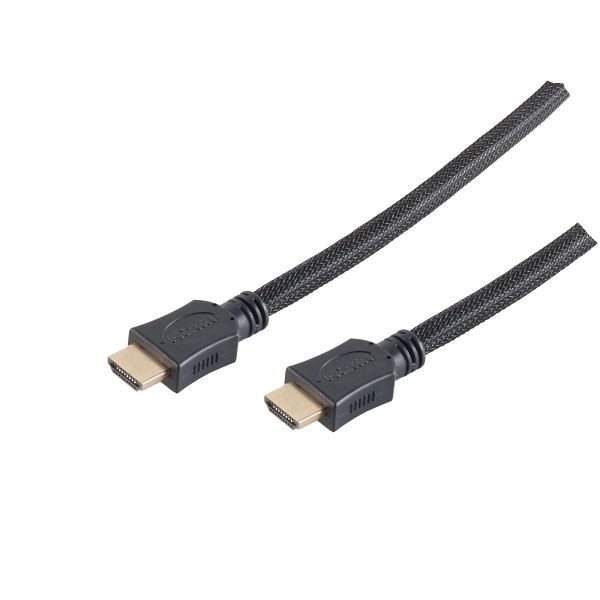 S-Conn HDMI A-Stecker auf HDMI A-Stecker, vergoldete Kontakte, ULTRA HD, 3D, HEAC, schwarz mit schwarzen Low Density Nylon Mantel 1,0m, 77470-LDN