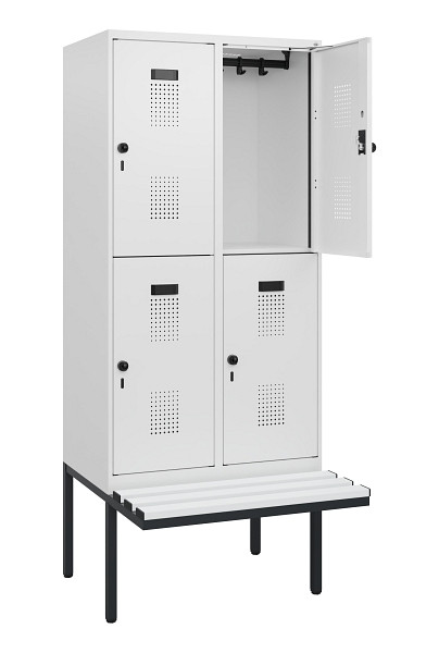 C+P Doppelstock-Spind Evolo PLUS, Bank, 4 Fächer, 1950x800x815mm, 9016/9016, Drehriegel, Sitzfläche Kunststoff, 0493405-22 S10120