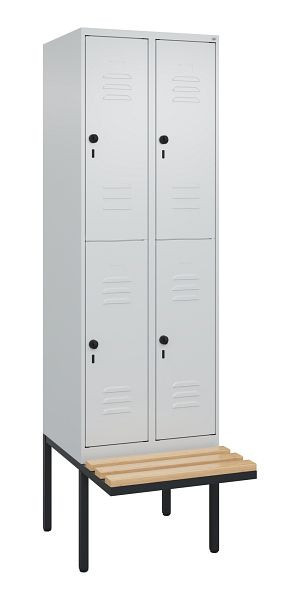 C+P Doppelstöckiger Spind Classic PLUS, 2 Abteile, 2120x600x815mm, 7035/7035, Drehriegel, Sitzleisten aus Buche, schwebende Sitzfläche, 0803407-20 S10009