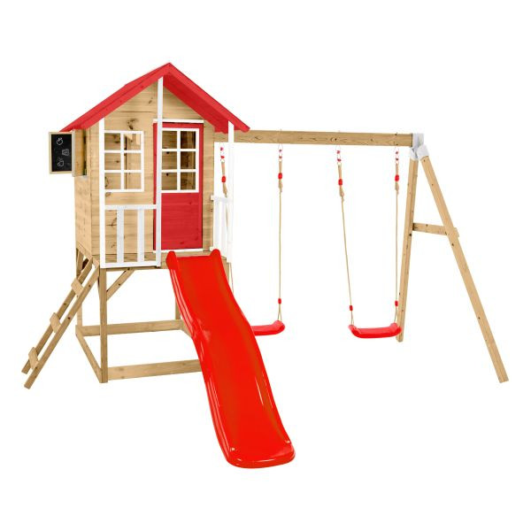 Zwerkules Spielhaus Lolla inkl. Rutsche und Doppelschaukel Natur/Weiß/Grau 352x370x224cm, ZW3833