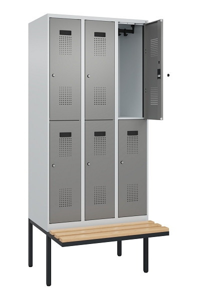 C+P Doppelstock-Spind Evolo PLUS, Bank, 6 Fächer, 2120x900x815mm, 7035/0004, Zylinderschloss, Sitzfläche Buche-Hartholz, 0493407-30 S10041