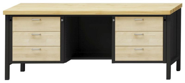 ANKE Werkbänke Kastenwerkbank; 2000x700x850mm; Buche-Massiv-Platte 50mm; Links 3 Schubladen; Mitte Boden zurückgesetzt; Rechts 3 Schubladen 180 mm, 310.306
